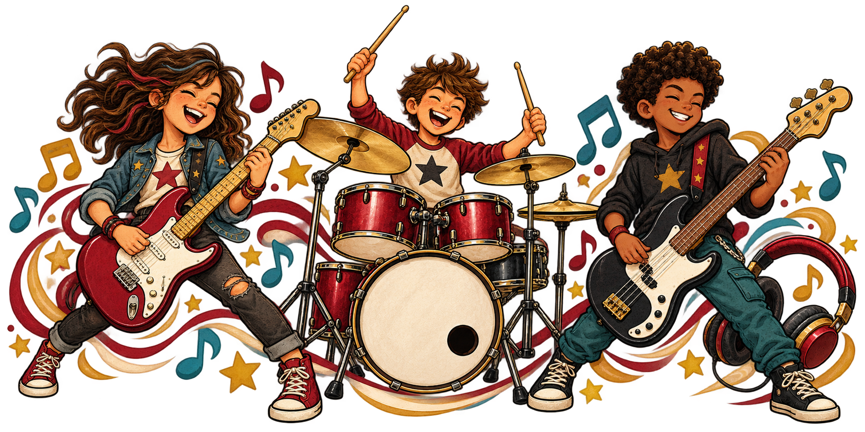 Illustration of three kids playing guitar, drums, and bass surrounded by music notes and stars